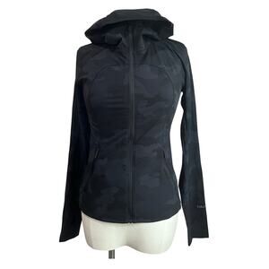 Lululemon Camo Hooded Windbreaker Jacket Black Gray Zip Up Lightweight Sz 4